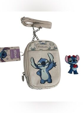 Disney Beige Crossbody Bag with Blue Stitch 3d statue